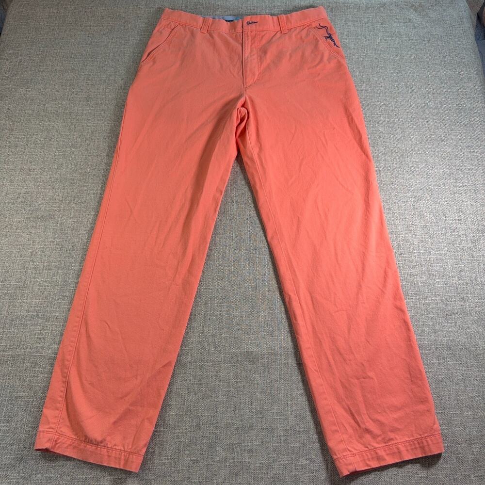 TrueFlies Pants Mens 34x32 Coral Orange Fishing Chino Flat Front Embroidered
